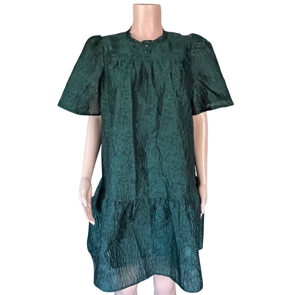 Moon River Green Textured Puff Sleeve Mini Dress‎ Ruffle Hem High Neck Women's L
